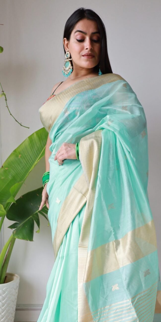 Satin Border Sky Blue Maheshwari Saree