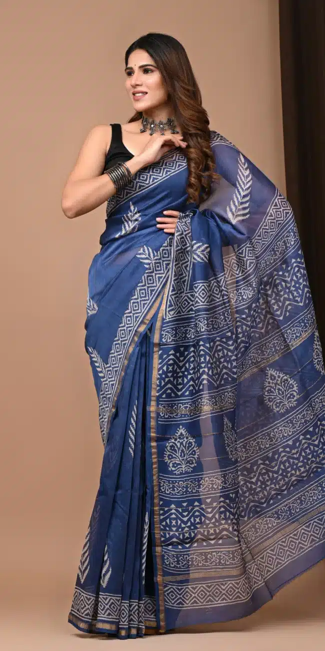 Blue Leaf Bagru Handblock Print Saree